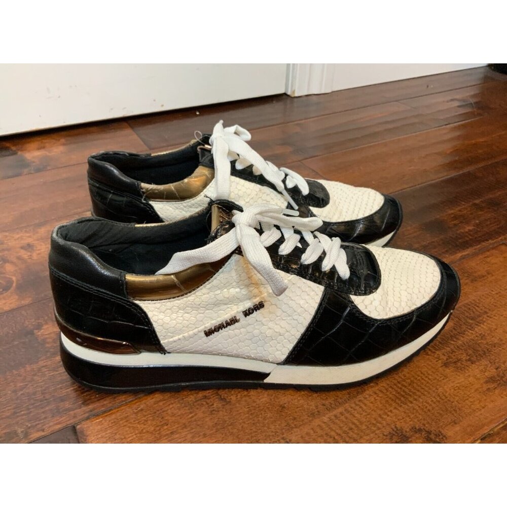 Michael Kors Black & White Reptile Alligator Textured Lace-Up Sneakers Size 9.5